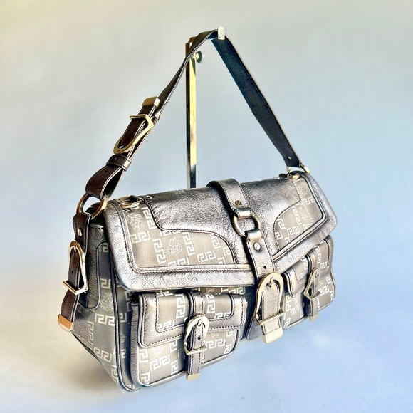 Versace Silver Leather Canvas Handbag Shoulder Bag - Picture 5 of 16